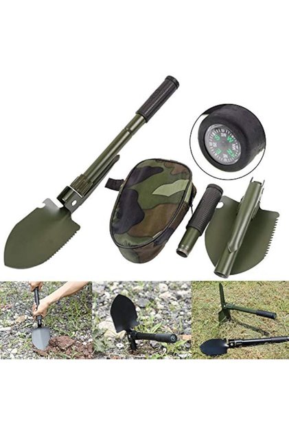 YU WELL Camping Shovel Folding Shovel High-Carbon Stee Pickaxe, Saw, Fork & Compass 41CM Green