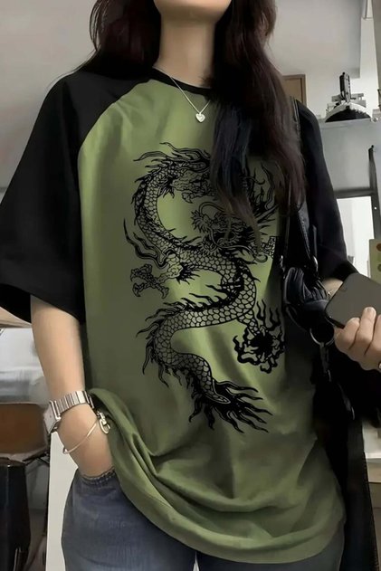 Çin Mitolojisi Ejderha Baskılı Y2K Haki Siyah Kısa Kollu Unisex T-Shirt