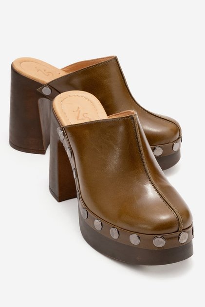 Drew Women's Genuine Leather Clogs Slippers Khaki