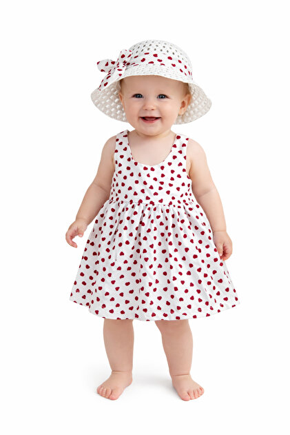Tatl Baby Girl Heart Patterned Strap Dress and Hat Set Summer Cotton Baby Dress