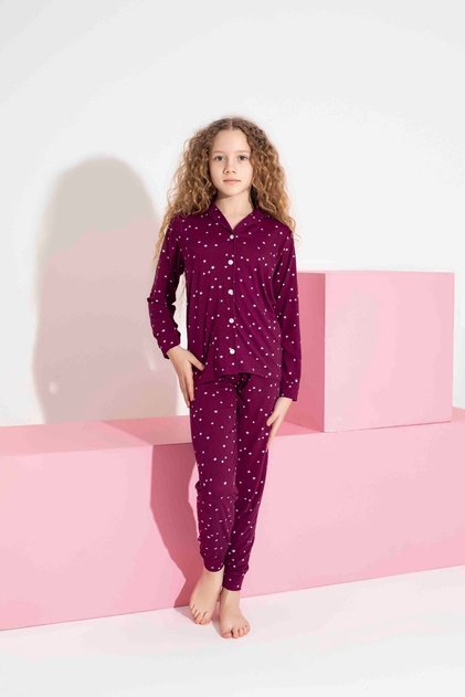Girl Teenager and Child Star Pattern Long Sleeve Milan Fabric Front Buttoned Seasonal Pajama Set