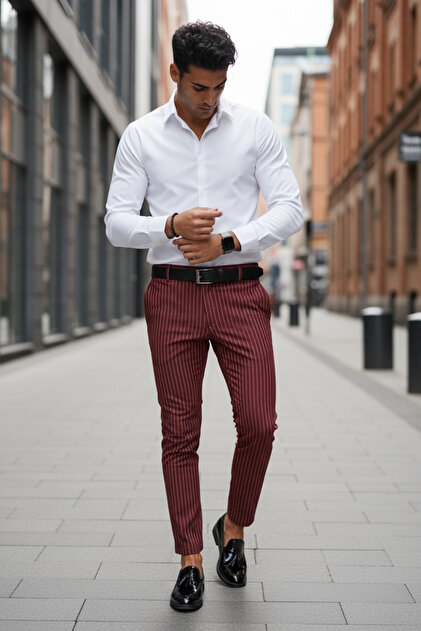 Pantaloni casual pentru barbati, in dungi, slim fit, burgundia, B1758
