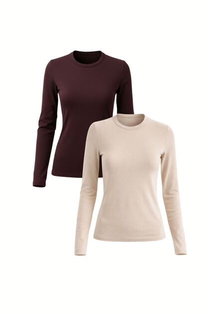 Tricou de damă, 2 piese, de bază, cu mânecă lungă, cu decolteu tip crew, fără lycra, slim fit