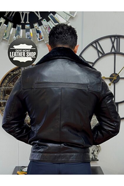 derimont Genuine Lamb Leather Coat with Fur Collar, Black Vintage