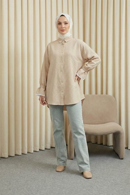 Cuff Gathered Buttoned Wrap Tunic - Mink
