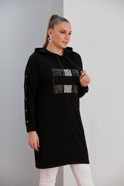 Women's Stone Detailed Sporty Stylish Knitted Viscose Plus Size Sporty Hooded Blouse Tunic