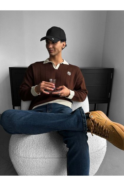 Premium Old Money Striped Polo Collar Men's Knitwear Sweater - Relaxed Fit Textured V-Neck Knit Sweatshirt