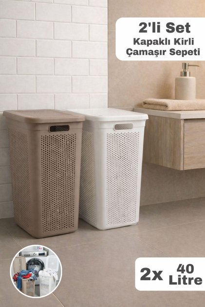 2'li Kirli Çamaşır Sepeti Seti 40 Litre - Kapaklı - Delikli - Slim Kirli Sepeti Banyo Organizer