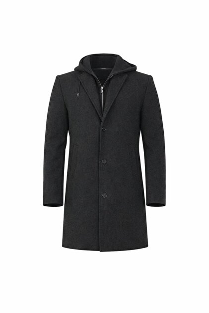 RUVEN TEKSTİL Men's Melton Hooded Long Coat with Front Zipper and