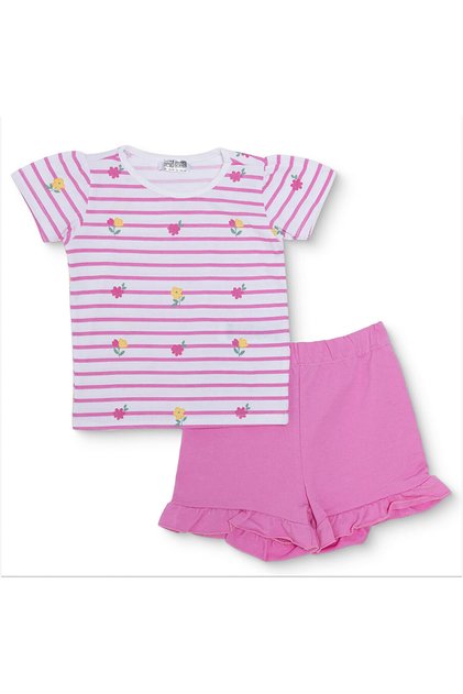 HelloBaby HelloBaby Kız Bebek Tshirt-Şort Çiçek Baskılı Bisiklet Yaka Kısa Paça Kısa Kol