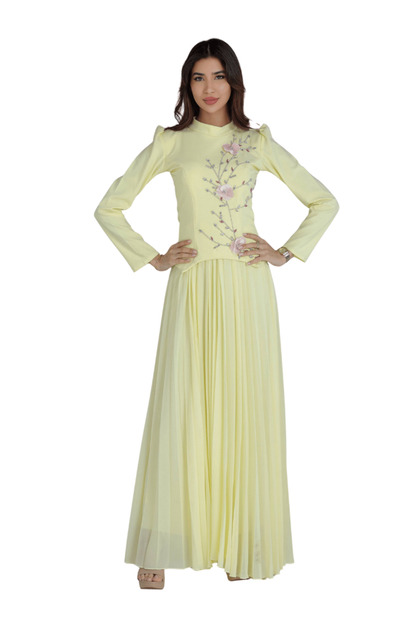 TREN Pastel Yellow Puff Sleeve Dress with Embroidery Modest High Neck  Formal Outfit for Special Days- Trendyol