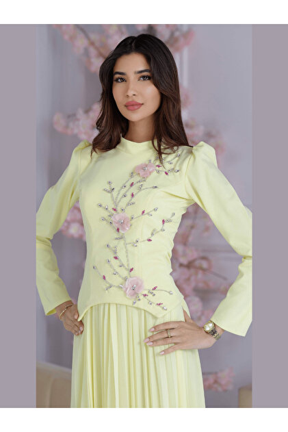 TREN Pastel Yellow Puff Sleeve Dress with Embroidery Modest High Neck  Formal Outfit for Special Days- Trendyol