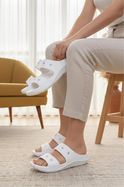 Lovi Z031 Sparkling Stone Detailed Double-Strapped Women's Comfort Slippers