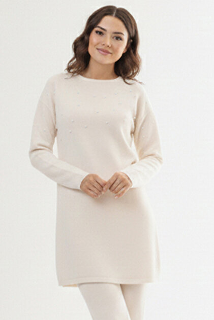 Stone Detailed Knitwear Tunic P6205-1 Ecru