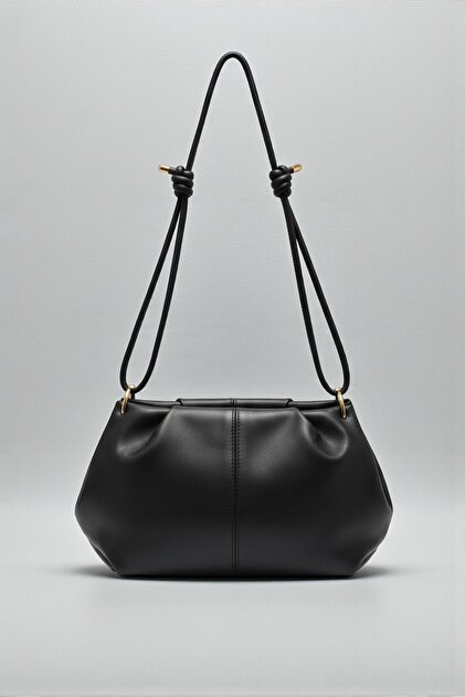 Black Soft Form Women's Shoulder Bag with Drawstring Design and Knotted Adjustable Strap