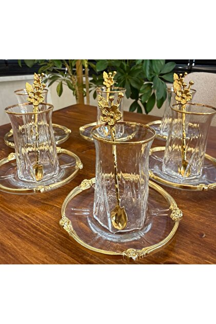Zoe Real Gold Rose Framed Tea Set 18 Pieces - 6 Plates 6 Cups - 6 Spoons Tea Set