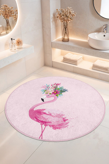 Çiçekli Flamingo Desenli Kaymaz Tabanlı Yıkanabilir Banyo Halısı