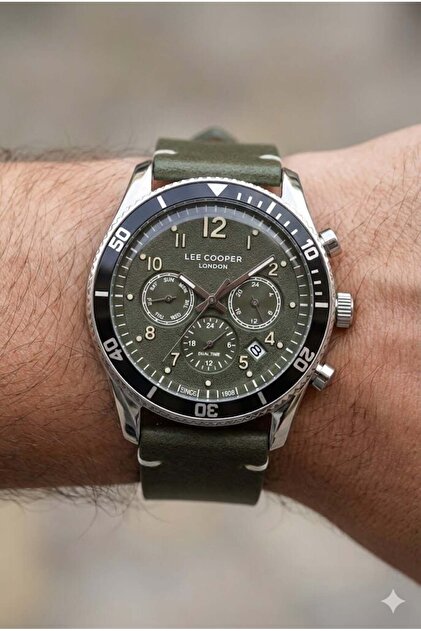 Lee Cooper 41mm Çelik Kasa, Haki Deri Kordon, Multifonksiyon Erkek