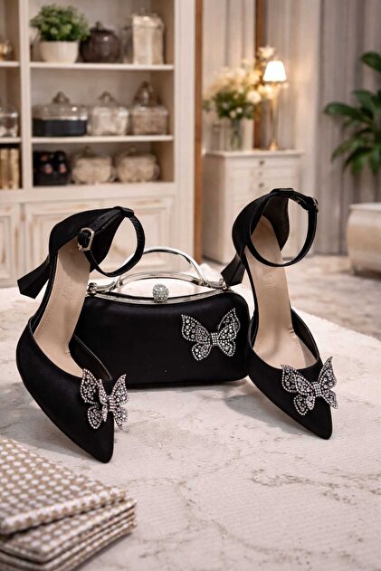 Famels Women's High Heel Shoes with Black Satin Butterfly Stone Bow, Evening Dress Shoes and Evening Dress Bag Set- Trendyol Famels Women's High Heel Shoes with Black Satin Butterfly Stone Bow, Evening Dress Shoes and Evening Dress Bag Set- Trendyol