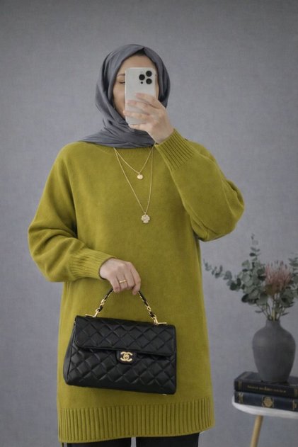 Oil Green Crew Neck Oversize Women's Knitwear Sweater Tunic