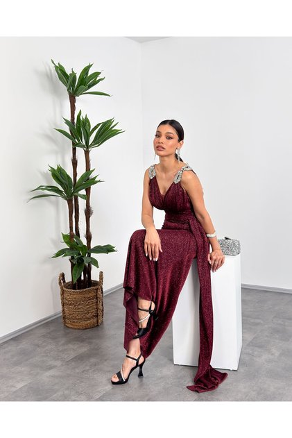 Shoulder Stone Detailed V-Neck Glittery Maxi Women's Evening Dress