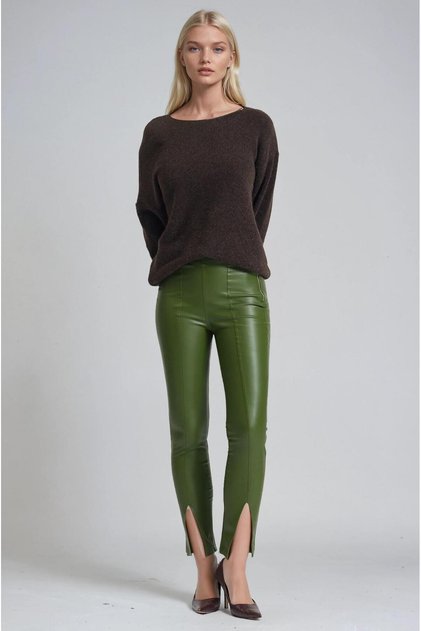 High waist faux leather leggings pants with ankle slit 0110