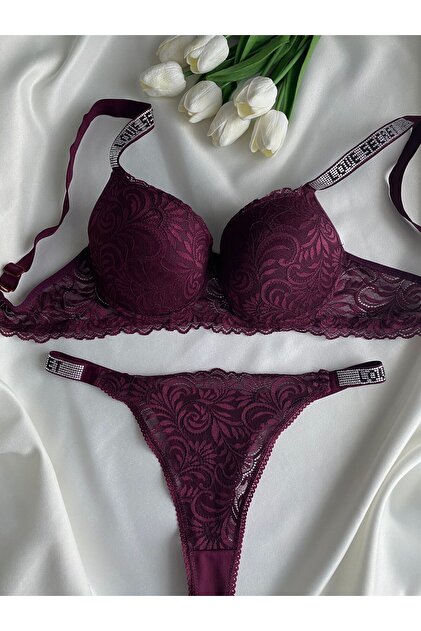 Gold Night Women's Purple Lace and Stone Underwire Supported Padded Push up  Bra Set Lingerie Set- Trendyol