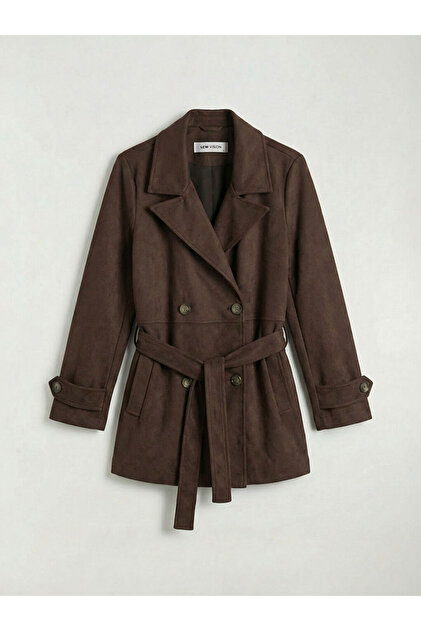 Giyçık Store Brown Double-Breasted Collar Suede Look Women's Trench Coat
