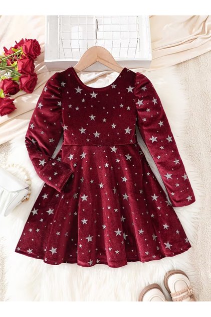 Girls' long-sleeved velvet dress for autumn and winter, featuring a bow design on the back.