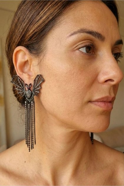 Gothic Style Bat Design Earrings with Stones - Earrings with Dangling Chain Detail