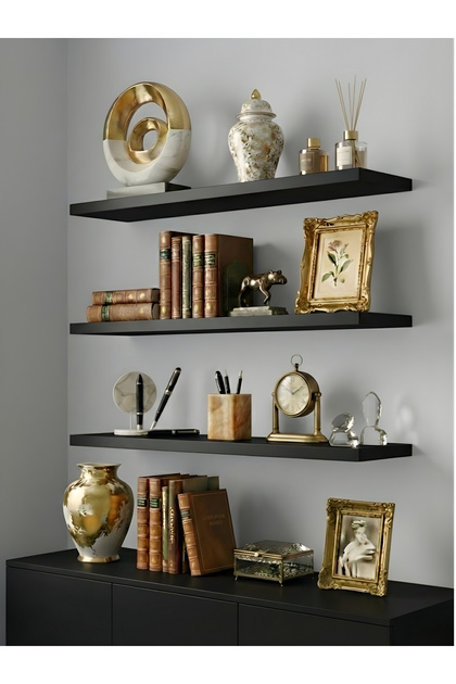 Premium MDF Ürün Duvar Rafı 3'lü Set 60x15 cm Uçan Raf Modern Kitaplık Mutfak Banyo Rafı