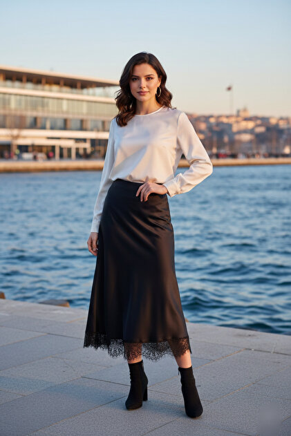 Vintage Style Lace Trim A-Line Midi Length Silk Mixed Fine Satin Premium Skirt