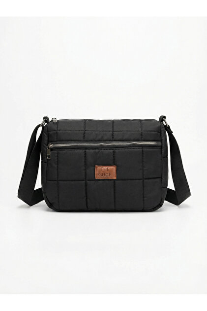 Black Quilted Zippered Two-Compartment Puff Fabric Water-Resistant Shoulder Bag with Adjustable Strap