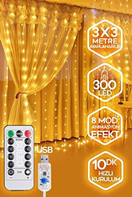 SULED Sl-1034- 300 Ledli 10 Saçaklı Sarı Led Kumandalı 8 Modlu