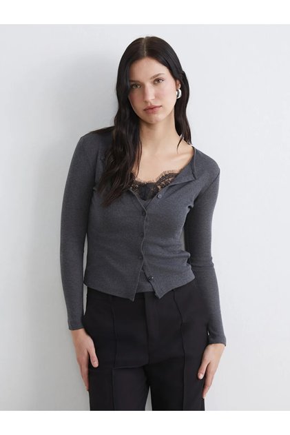 Anthracite Crew Neck Lace Detailed Women's Bodysuit