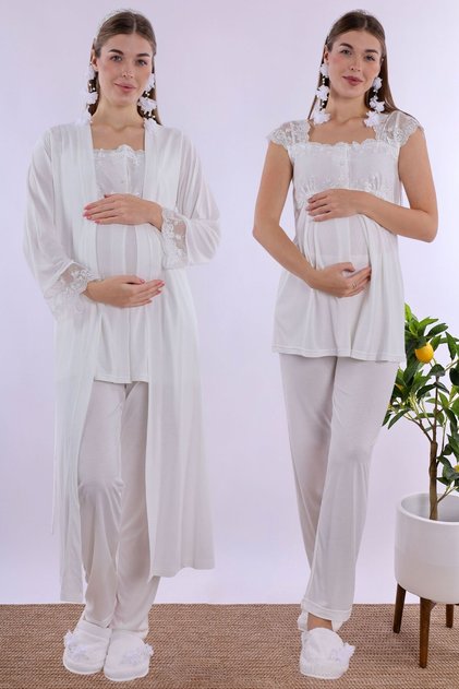 Long Robe Maternity Pajama Set with Breastfeeding Feature Effortt - Ecru