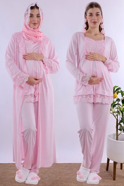 Effortt - Comfortable Cut Long Robe Maternity Pajama Set with Hijab - Pink