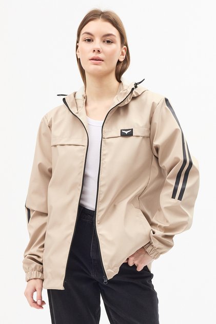 Women's Beige Hooded Raincoat with Stripe Detail, Waterproof and Seasonal