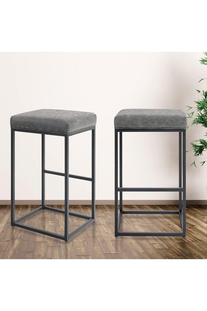 Set 2 scaune de bar gri, fara spatar, sezut 76 cm, piele ecologica, perna groasa, cadru metalic