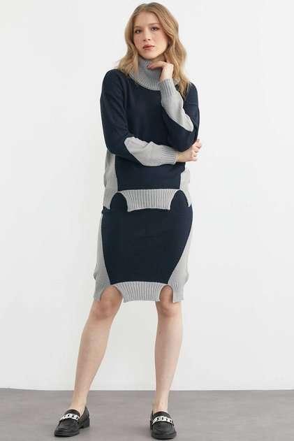Full Fisherman Sweater Skirt Knitwear Set - Light Gray - Navy Blue