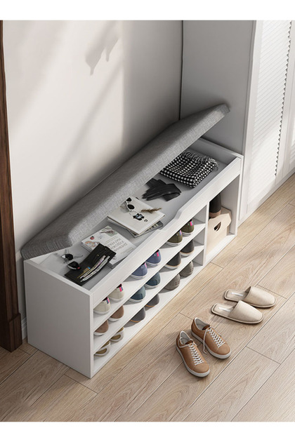 Warm White Shoe Cabinet with Seating and Flip-Top, 80cm Wide, Hidden Storage, Large Capacity Organizer Unit with Modern Design for Hallway