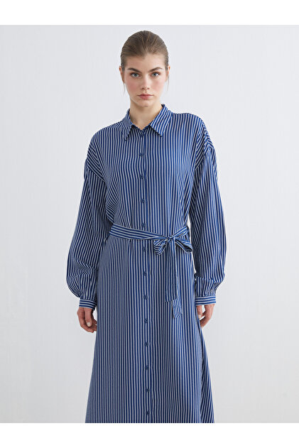 Striped Balloon Sleeve Belted Shirt Dress