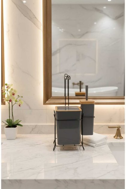 Füme-Ahşap Telli 2'li Kare WC Kağıtlığı WC Fırçalığı Çöp Kovası Seti, Metal Askılı WC Kağıtlık Fırça