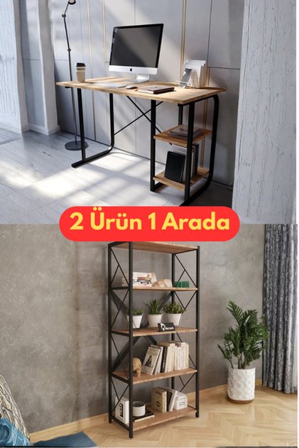 Sindys Sera Metal Çalışma Masası 2 Raflı Metal Kitaplık 5 Raflı Çok Amaçlı