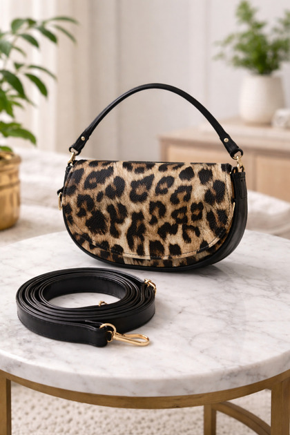 Leopar Kapaklı Yarım Ay Saddle El Omuz ve Askılı Çanta Minimal Kadın Çantası