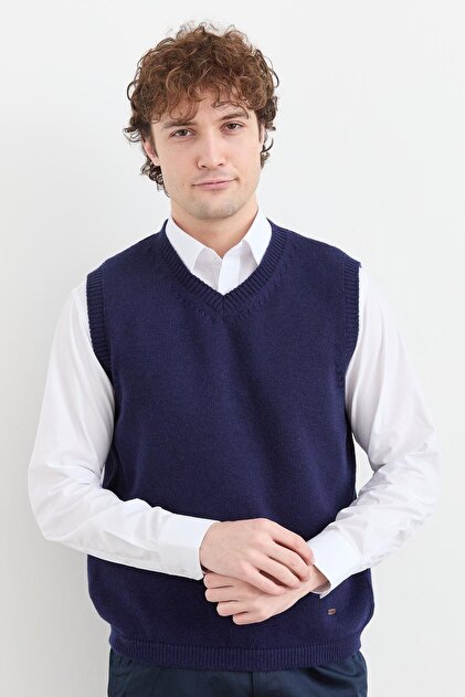 Men's V-Neck Thick Classic Wool Sweater Y.A Navy Blue