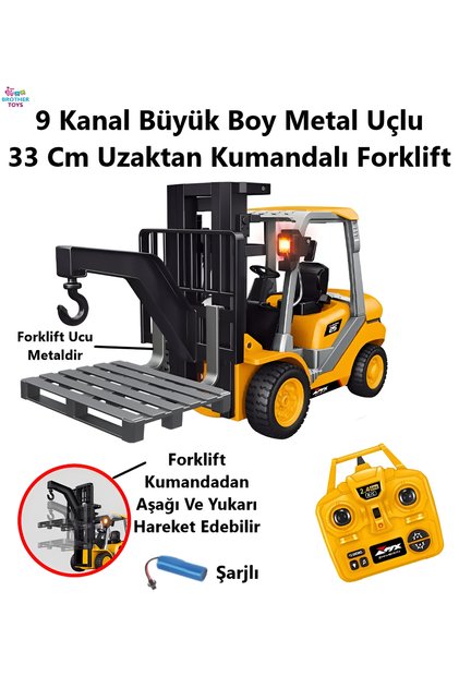9 Fonksiyon Büyük Boy 33 Cm Metal Kancalı Uzaktan Kumandalı Forklift Oyuncak İş Makinesi
