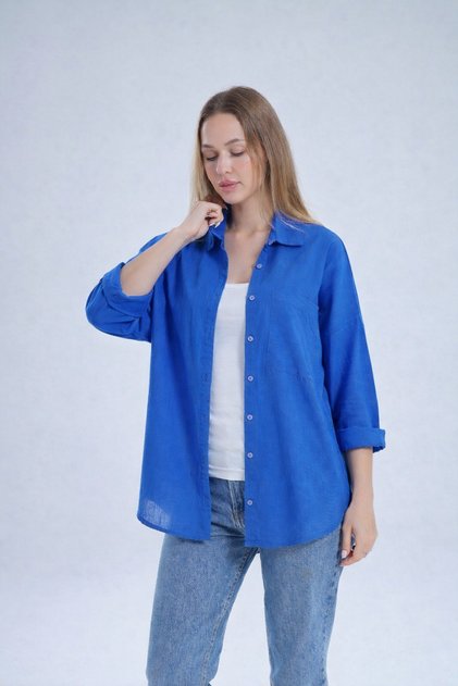 Cobalt Blue Flared Linen Shirt
