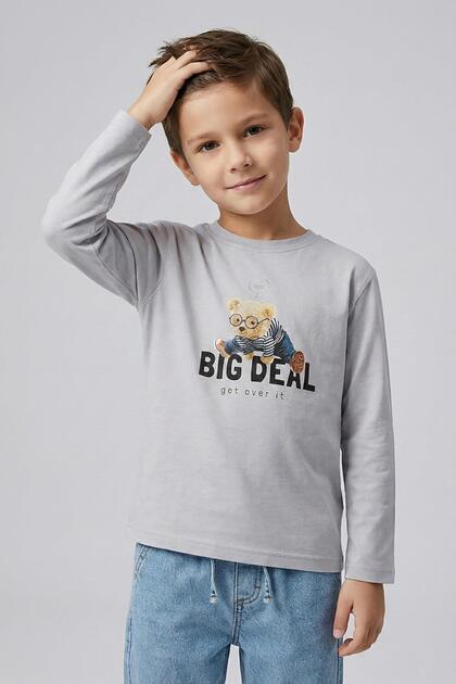 Boy's 4-9 Years Old Teddy Bear Printed Thin Long Sleeve T-Shirt Gray
