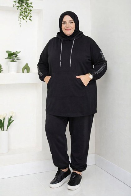 Set de trening cu hijab, negru, croială lejeră, mărime mare